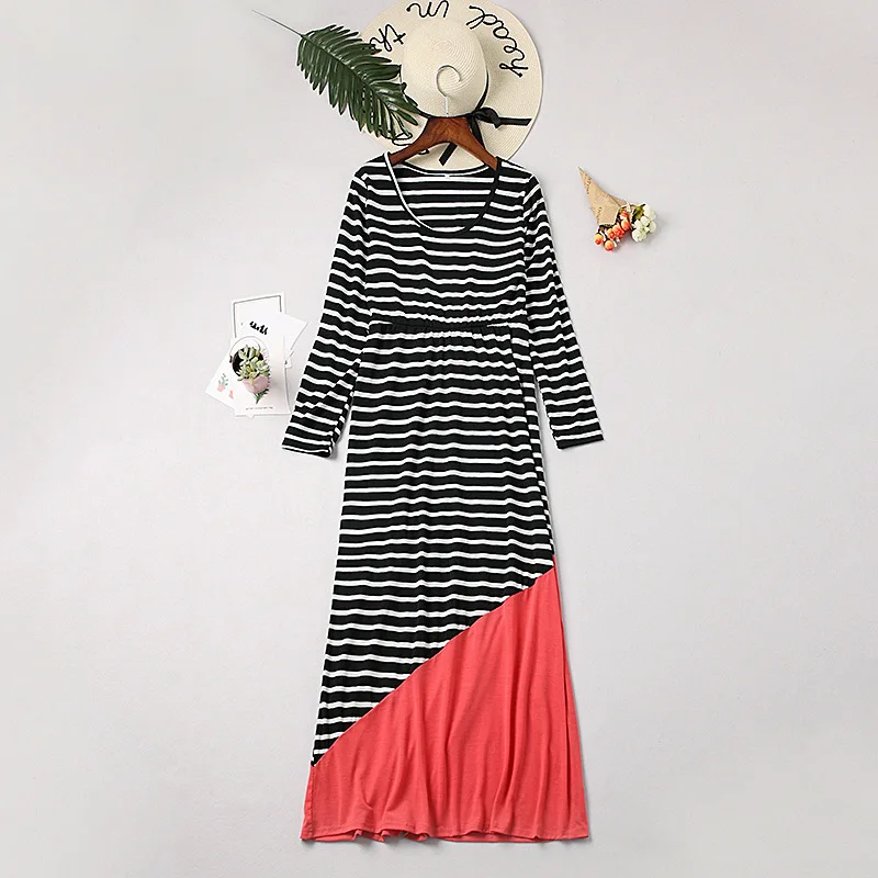 Женское длинное платье в черно-красную полоску стиле бохо весеннее одинаковое с