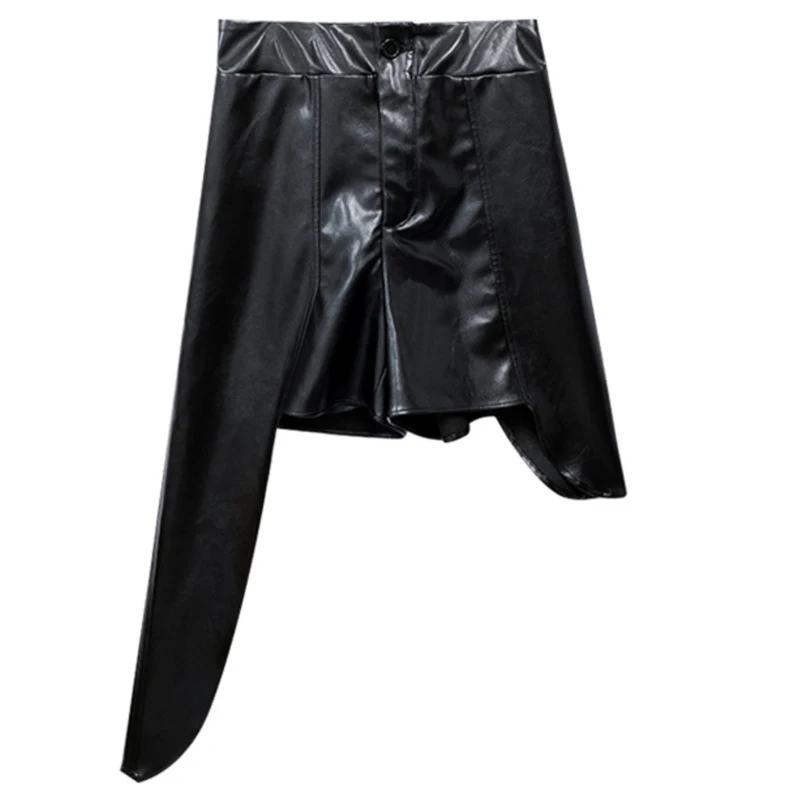 

Irregular Pu Leather Spliced Black High Waist Trousers New Loose Fit Pants Women Fashion Tide Spring Autumn 2021 1DD3711