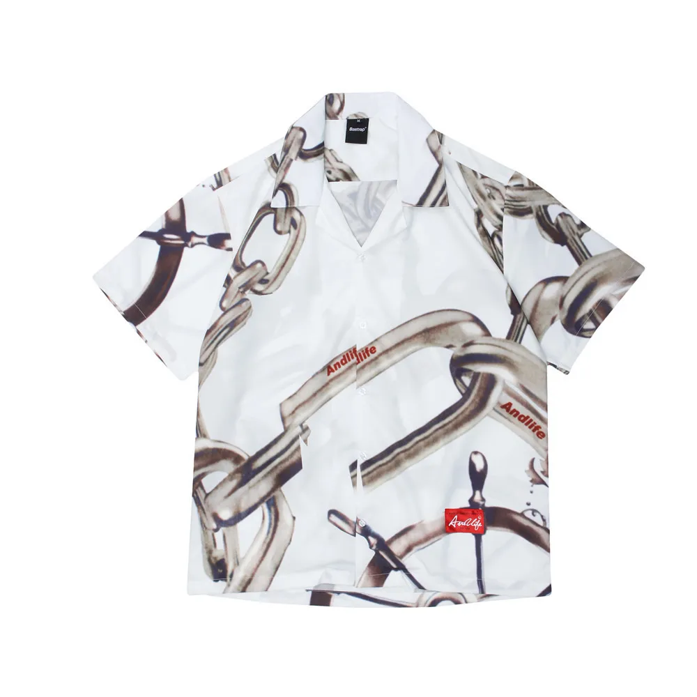 

Fashion brand chain printed short sleeve shirt men's punk hip hop cardigan half sleeve shirt trend loose middle sleeve