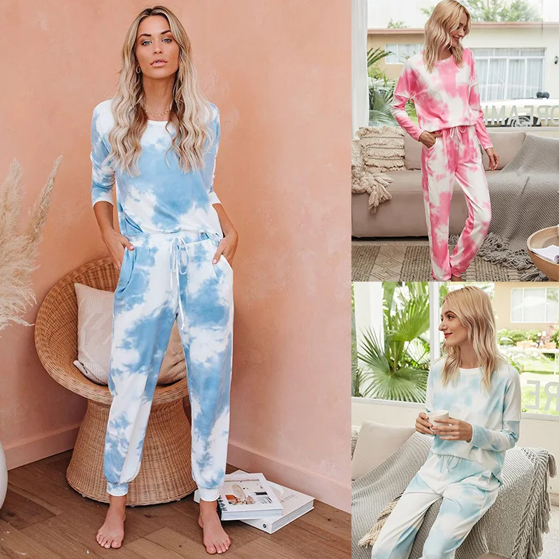 

Popular Autumn and Winter New European and American Women's Dress Gradual Color Pajamas Tie Dye Two Piece Home Clothes Set