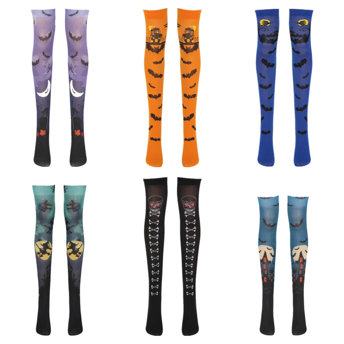 

2 Pairs Hallowen Carnival Bat Skull Print Stockings Women Girls Long Knee High Socks Costume Cosplay Soft