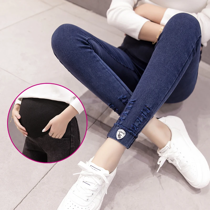 Washed Denim Maternity Jeans Pregnant Women Trousers Clothes Elastic Waist Belly Loose Pants Pregnancy Gravidas Mother Clothing