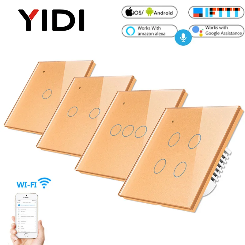 Gold 1, 2, 3, 4 банды, WiFi, умный светильник, сенсорный выключатель, дистанционное управление с помощью приложения, AC 85 в, 220 В, ЕС, Великобритания, стандарт, беспроводной умный дом, 1, 2, 3, переключатель - Цвет: Gold