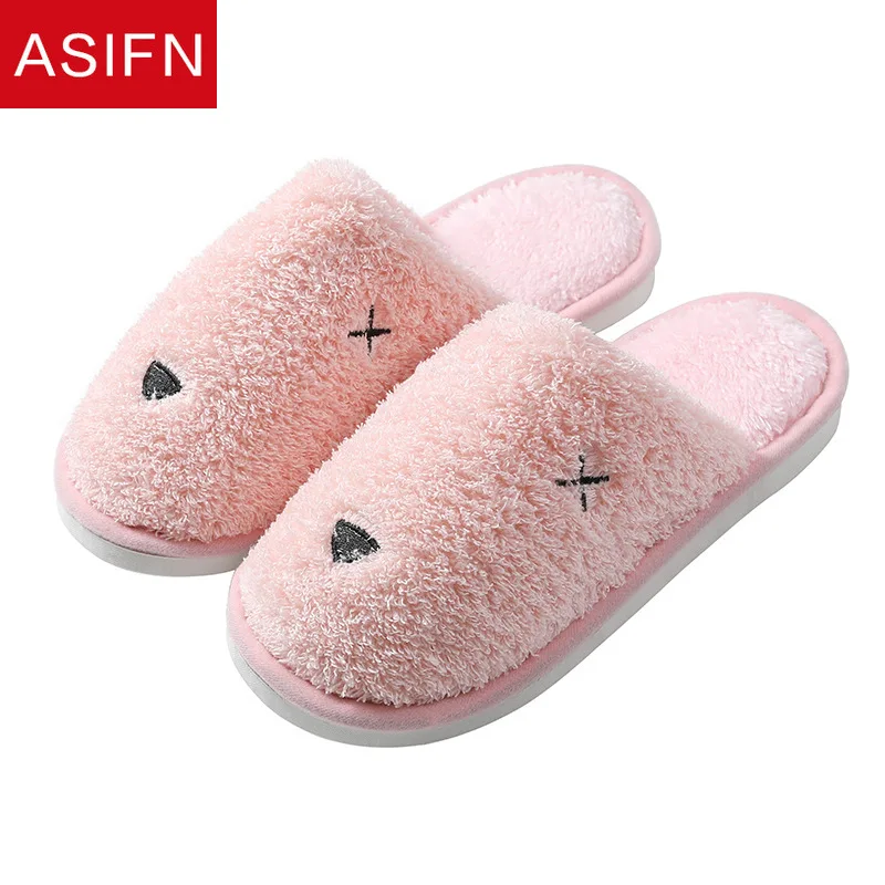 

ASIFN Cotton Slippers with Fur Women Winter Couples Indoor Warm Cute Cartoon Home Household Fluffy Ladies Slippers Men