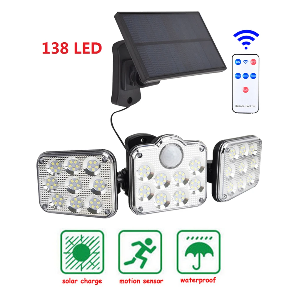 

138 led remote seperable Solar Lights Outdoor 3 Head Motion Sensor Wide Angle Illumination Super Bright Waterproof Lamp 5M cable