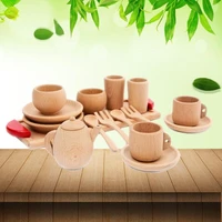 1set wooden tableware tools tea pot tea cup teatime party play toy dollhouse miniature kitchen tableware accessories for kids