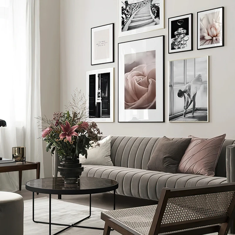 

Картина на холсте с изображением скандинавских розовых цветов, балерин, черно-белый плакат и печать, Настенная картина, Современный домашни...