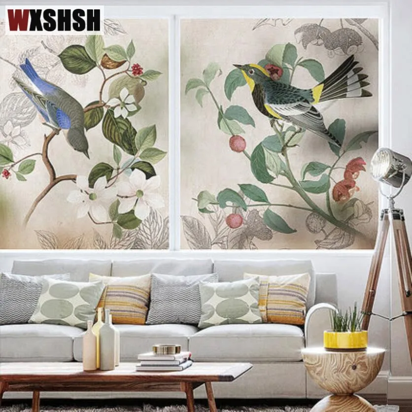 Статическая прозрачная оконная пленка размер на заказ ПВХ птицы и цветы живопись