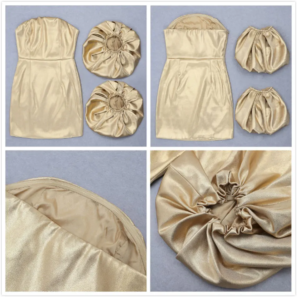 

Free Shipping 2020 Chic Golden Dress Women Sexy Strapless Detachable Lantern Sleeve Bodycon Halter Dresses Club Party Vestidos