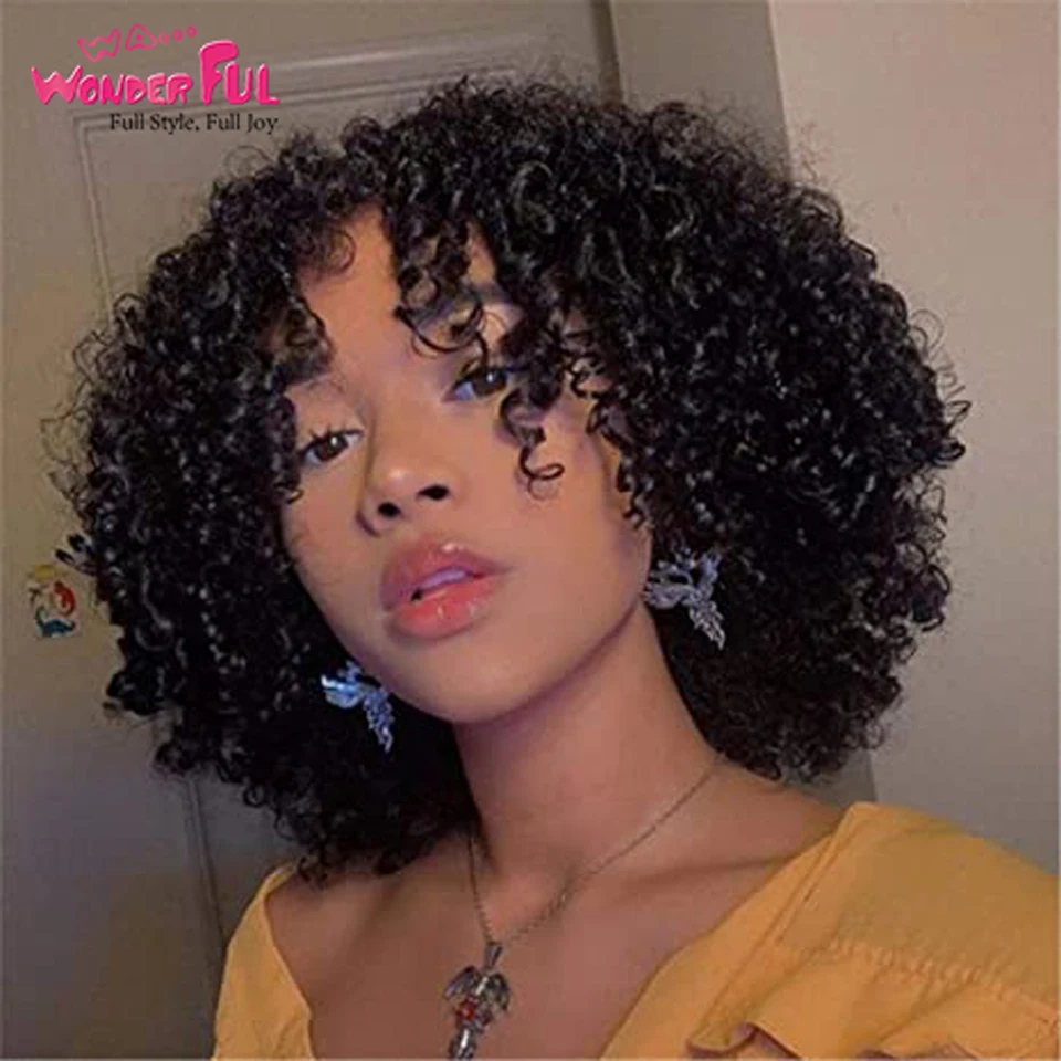 

Kinky Curly Wig With Bang Bob For Women Remy Wigs Human Hair Fashion Jerry Curly Machine Mad Wig Ombre 99J Brown Blonde Color