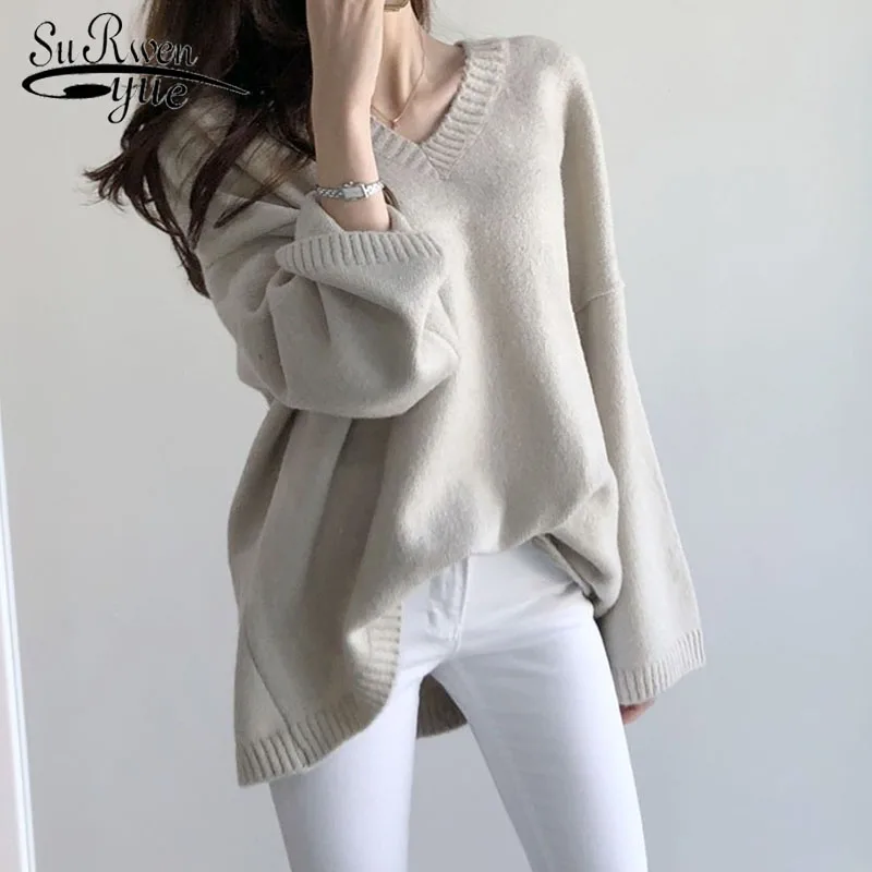 Размера плюс с v-образной горловиной свитер Женский вязаный пуловер 2021 Весна