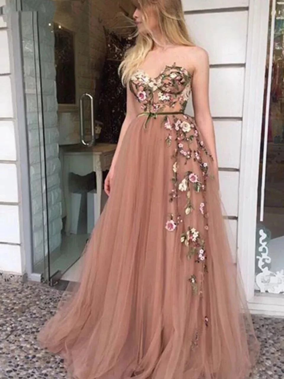 

ALLU RING Evening Dress Appliques Floral Sleeveless Strapless Sweep Train A-LINE Floor-Length Prom De Fiesta Robe De Soiree