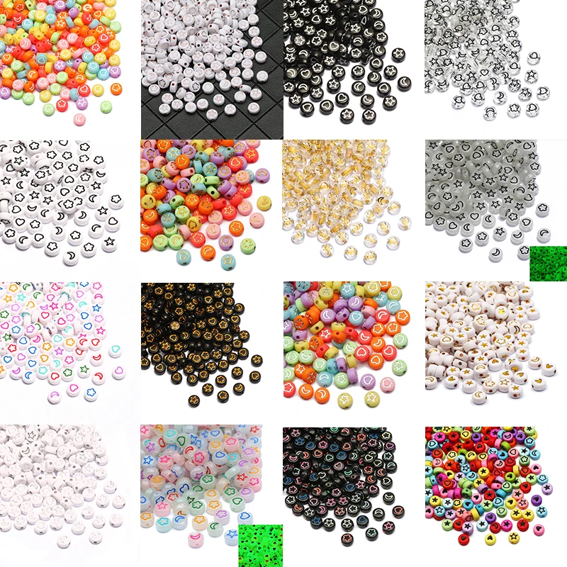 

Colored Flat Round Flower Star Love Heart Moon Pattern 4x7mm Acrylic Beads Loose Spacer Beads For Jewelry Making DIY Accessories