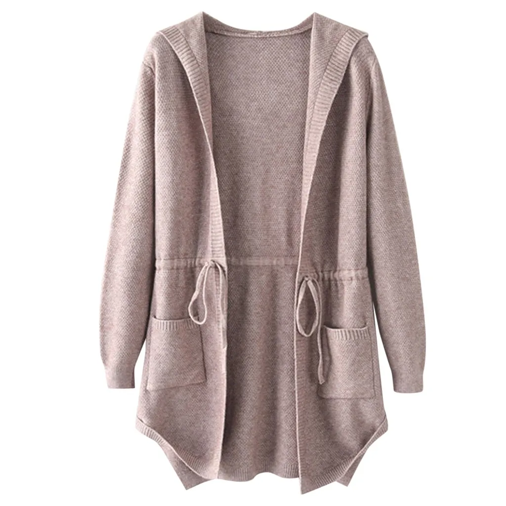 Женская вязаная куртка с принтом однотонный Кардиган со шнуровкой и карманами