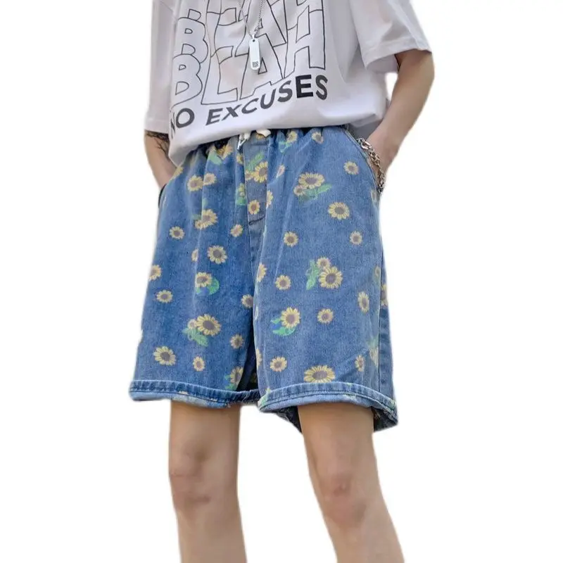 

Summer Flower Denim Shorts Men's Fashion Print Casual Shorts Men Streetwear Korean Loose Wide-leg Denim Shorts Mens S-3XL