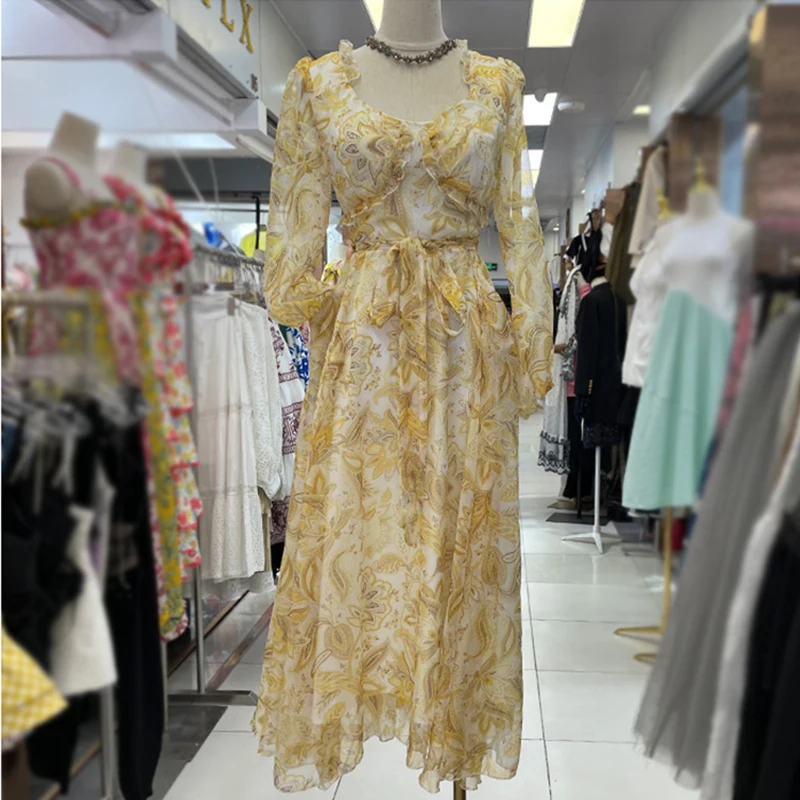 

2021 Fashion Fashion Summer Dresses Women O-Neck Edible Tree Fungus Belt Flower Printed Long Sleeve Elegant Holiday Dress