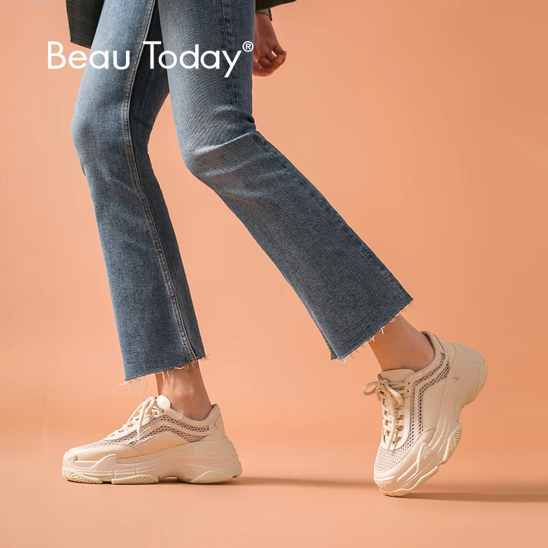 Женские сетчатые туфли BeauToday разноцветные из натуральной яловой кожи на шнуровке