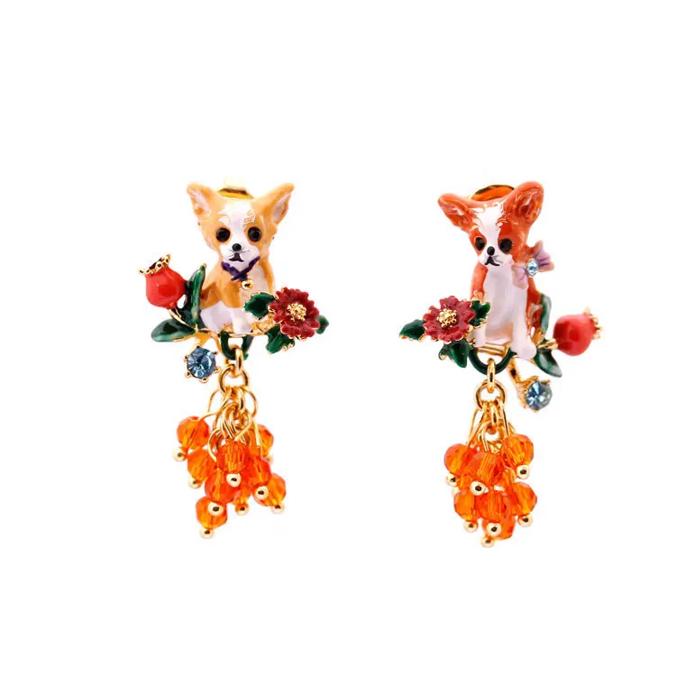 

France Paris Unique Luxury Colorful enamel glaze dog animal Pet earrings fashion tassel pendant ear clip and Hook ear pierced