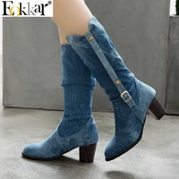 eokkar 2020 women denim knee high boots stacked high heel all match round toe zipper winter boots elegant ladies boot size 34 43