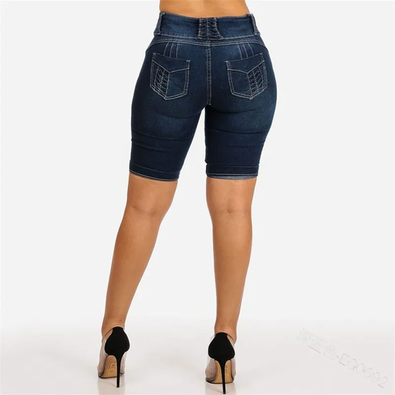 

Ladies summer high-waist cuffed denim leggings stretch tight shorts pockets slimming hips solid color casual women's pants S-5XL