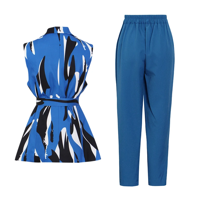 

TWOTWINSTYLE Casual Two Piece Set For Women Notched Sleeveless Coats High Waist Solid Full Length Pants Print Sets Female Spring