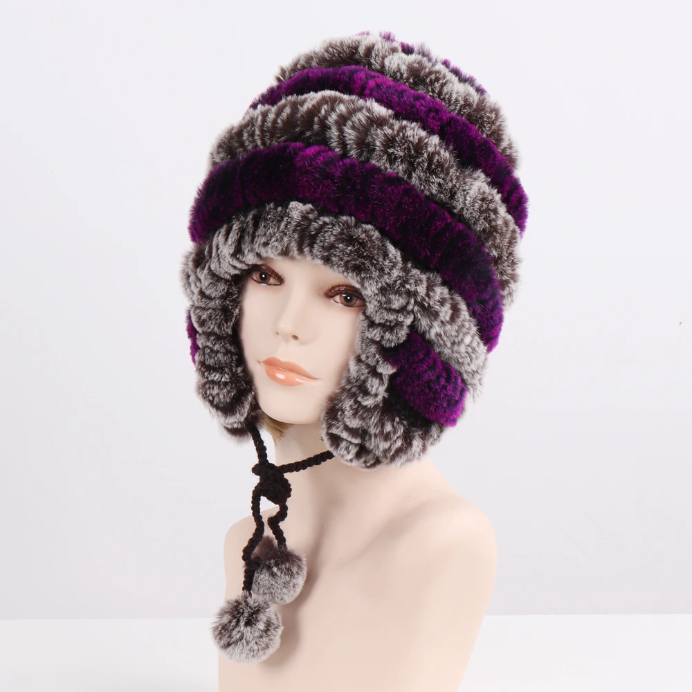 Хорошая эластичная вязаная шапка-бомбер из меха кролика рекс зимняя женская