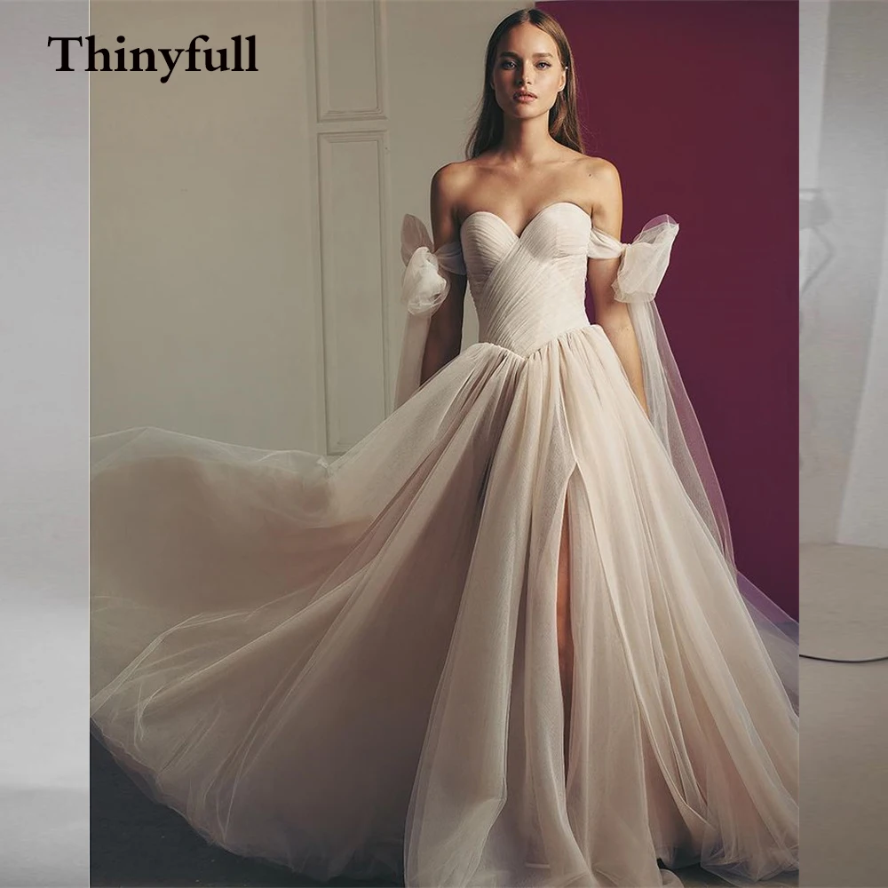 

New Off Shoulder Tulle Long A Line Wedding Dress Long Train Sleeveless Side Slit Bride Bridal Gowns Dresses Robe de mariee