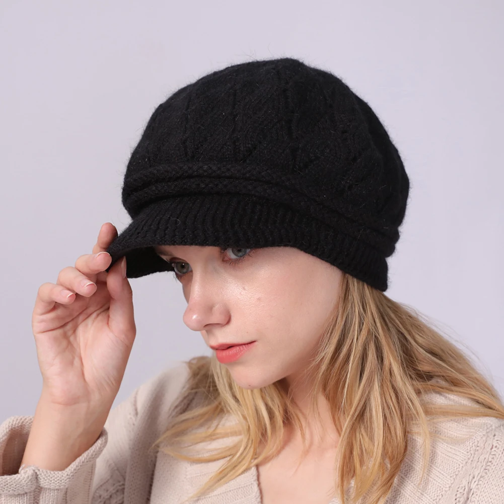 Женская зимняя эластичная вязанная кепка Newsboy Одноцветный плотный теплый берет с