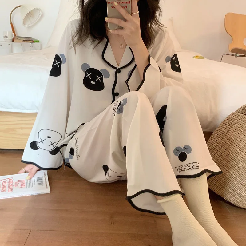 QWEEK Women's Home Clothes Pajama Sets Striped Cartoon Print Loose Pyjamas Home Wear Summer Pijama Lounge Wear Sleepwear Silk