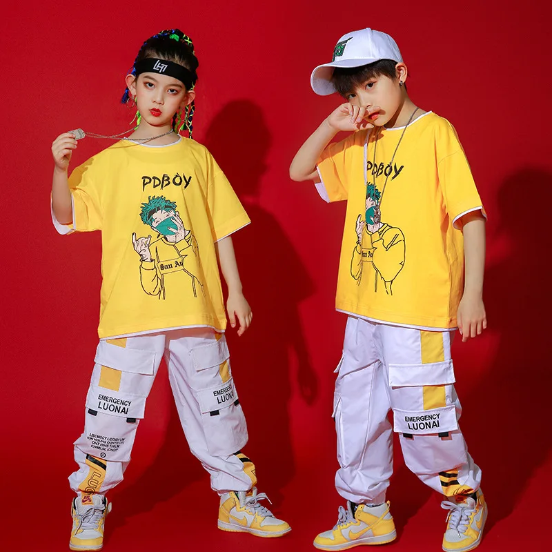 

Kid Hip Hop Clothing Graphic Tee T Shirt Top White Streetwear Tactical Cargo Pants Shorts for Girls Boys Dance Costume Clothes