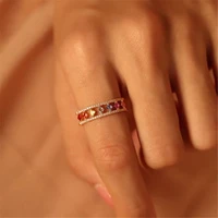 stainless steel colorful cz band rainbow ring for women thin skinny wedding birthstone color classic simple round rings jewelry