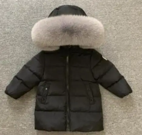 black grey fox fur Г. Зимняя Детская короткая куртка зимняя одежда на белом утином пуху для мальчиков толстый очень большой пуховик с воротником из лисьего меха для девочек, одежда - Цвет: black grey fox fur