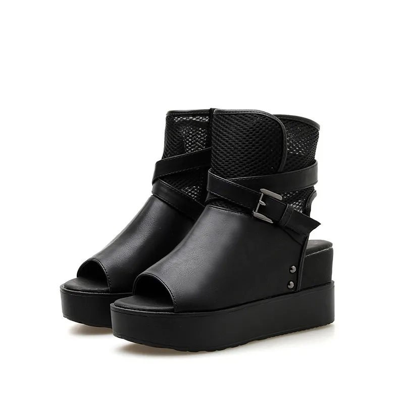 Женские сетчатые ботильоны YMECHIC черные на платформе с открытым носком и ремешком