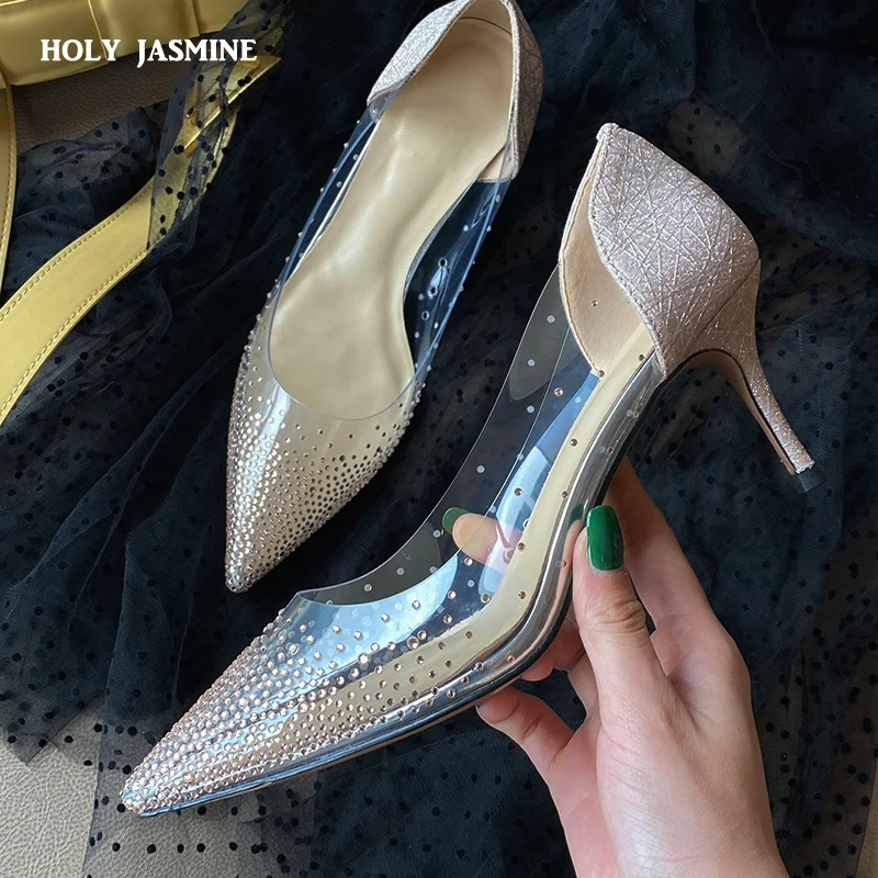 

2020 Summer New Rhinestone PVC Transparent Women Pumps Shoes High Heels Sexy Party Wedding Shoes Pointed Toe Thin Heels Shoes