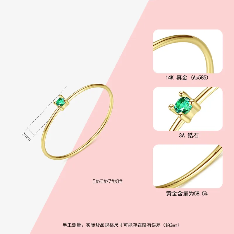 

Delicate 14K gold rings for women,Emerald stone round thin circle luxury brand party engagement fine jewelry lady ring gifts