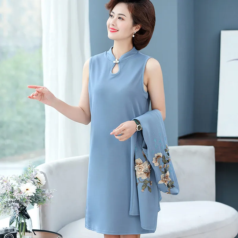 Cheongsam Dress Two-piece Suit Spring Autumn High-end Elegant Middle-aged Women's Embroidered Set Plus Size 5XL 1876 |