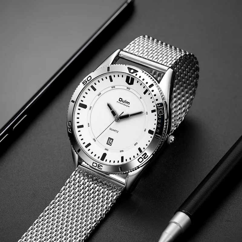 Oulm Мужские часы черные нержавеющая сталь сетчатый ремешок Авто Дата кварцевые