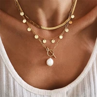 minimalist creative multilayer coin tassel ot lock imitation pearl pendant necklace women personality retro clavicle chain