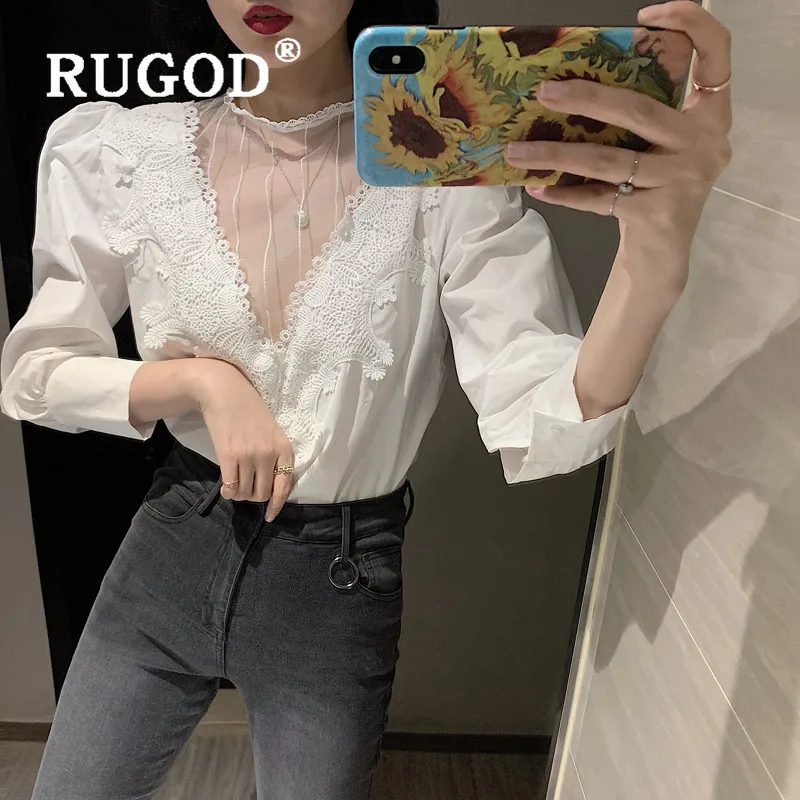 RUGOD кружевная блузка с пышными рукавами женские блузки длинным рукавом