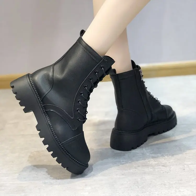 

Black/white Leather Winter Boots Women Lace Up Platform Ankle Botines Mujer 2021 British Punk Knight Booties Female Western Bota