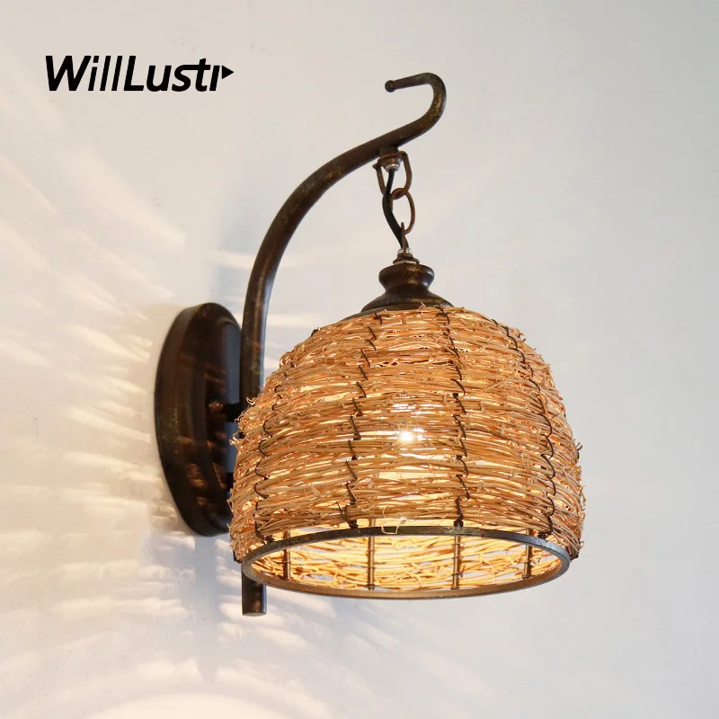 

Art Deco Handmade Rattan Wall Lamp American Country Style Sconce Hotel Inn Bar Cafe Living Room Loft Balcony Retro Wicker Light