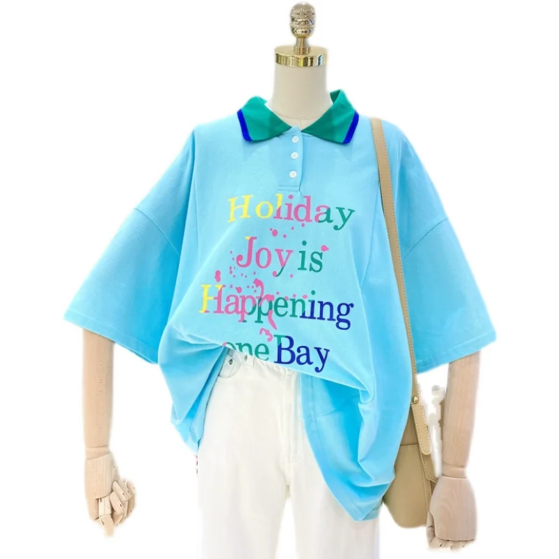 

Summer Korean Style Loose Large Size Plus Hong Kong Style Color Letter Short Sleeve Polo Shirt T-shirt Women's Half Sleeve Tops