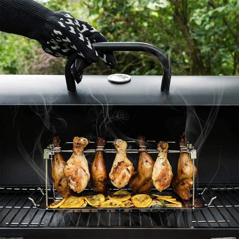 

Stainless Steel Chicken Leg Wing BBQ Grill Rack with Silicone Oven Mitts,Hang Up to 14 Chicken Legs or Wings