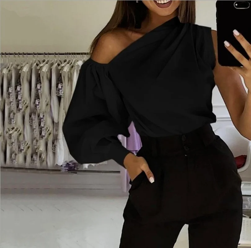 

Women Summer Long Sleeve Tshirts Sexy Off Shoulder Balck Tops 2021 Fashion All-Match Casual Solid Elegant Plus Size New Blusas