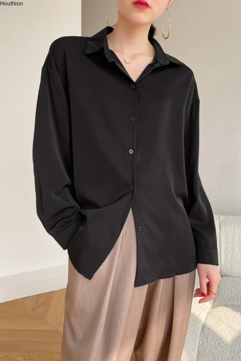 

Houthion 2021 Chiffon Loose Women's Blouses Long Sleeve Top New Casual Blouse Spring/autumn Fashion Solid Turn-down Collar Shirt