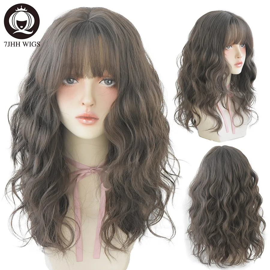 7JHH WIGS Blue Deep Wave Wig With Bangs For Women Long Omber Brown Hair Layered Heat Resistant Cosplay Party Synthetic Wig