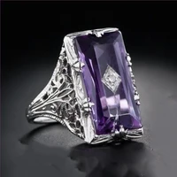 silver plated rectangle shape natural purple amethysts crystal finger ring for engagement gift jewelry