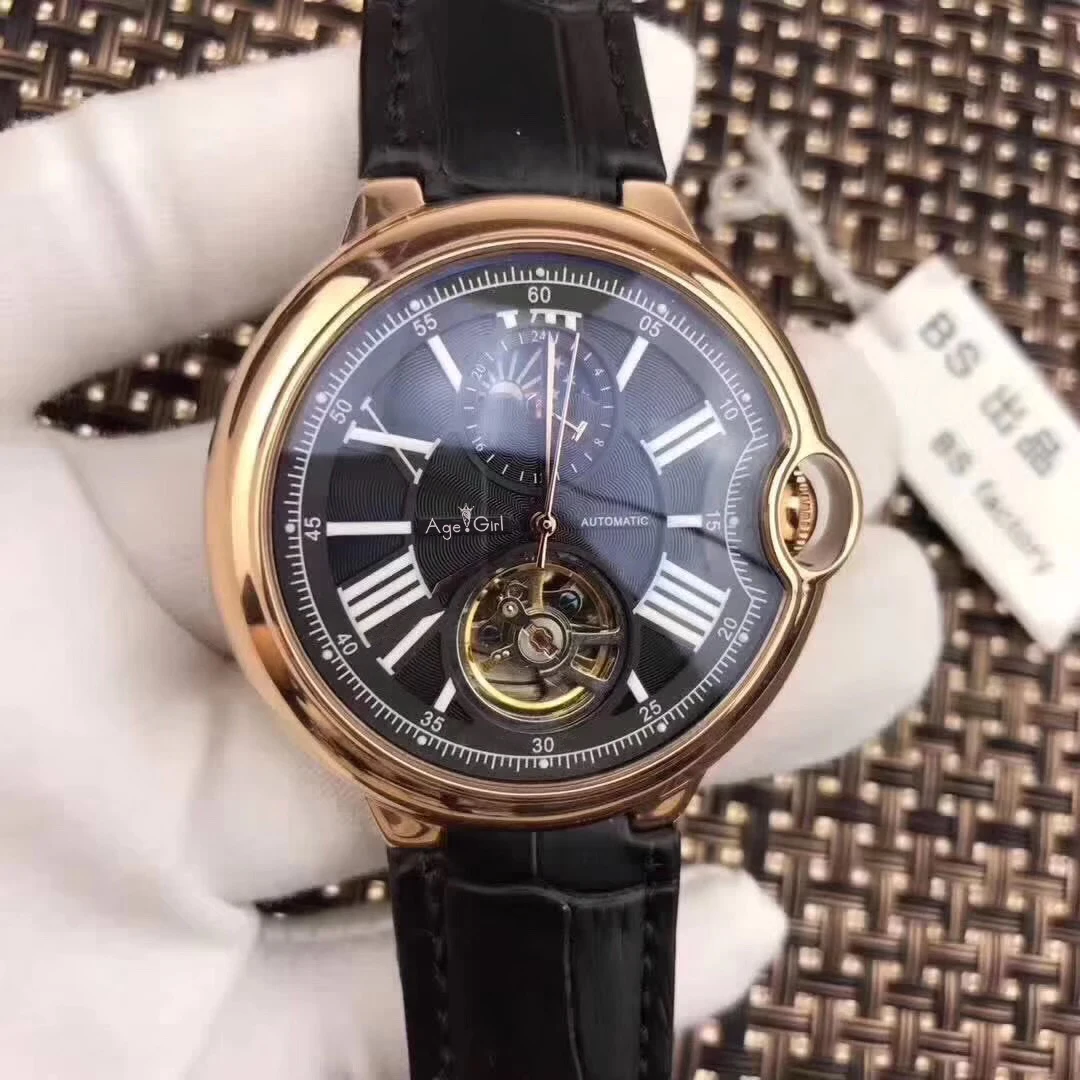 Leather Black Роскошные брендовые новые автоматические мужские механические часы синий черный кожаный розовое золото прозрачный MoonPhase часы Tourbillion Белый AAA - Цвет: Leather Black