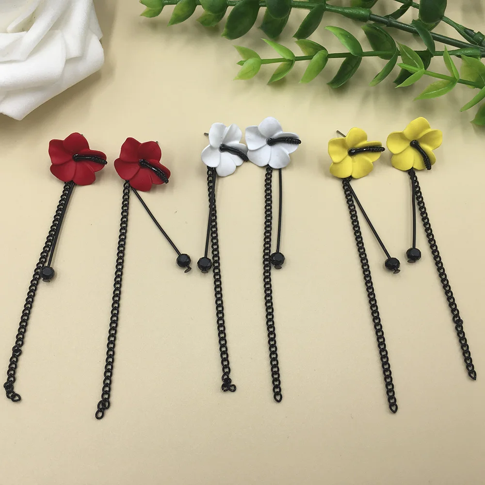 Женские серьги-гвоздики с цветком черные длинные серьги кисточками красного и