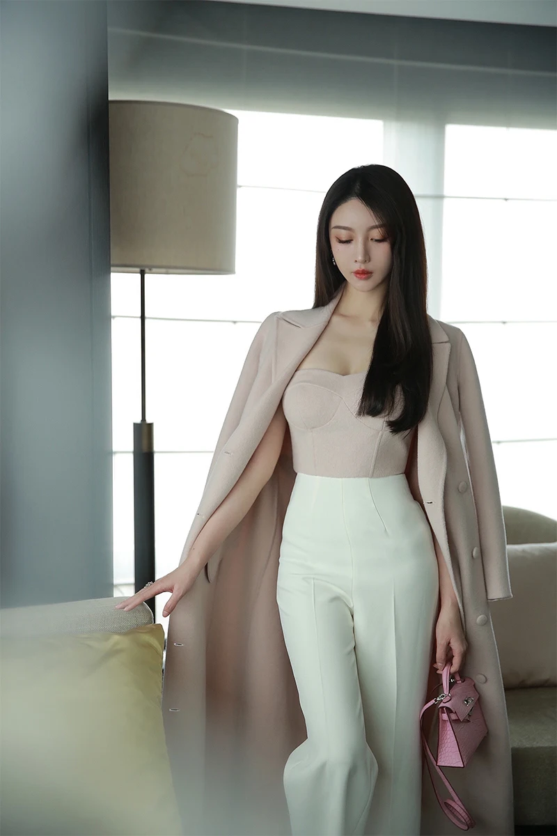 

autumn and winter new Lapel wool double faced coat women's knee length temperament coat